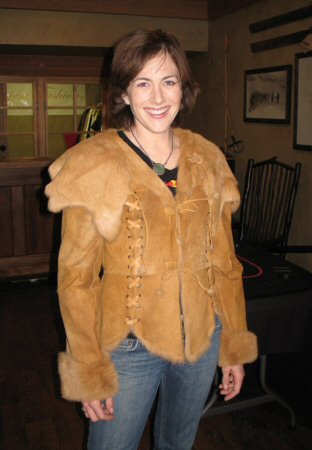 Friend wearing Aspen Fashions Beige Rabbit Jacket Model 470 - SOLD OUT