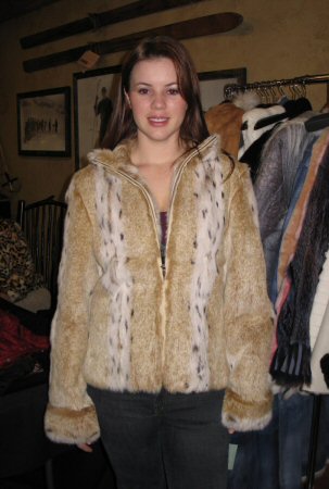 Friend wearing Aspen Fashions Reversible Rabbit Fur Coat Model 378 SOLD OUT