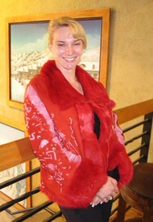 Friend wearing Aspen Fashions Red Rabbit Leather Embroidery and Hand-Painted Model 572 - SOLD OUT