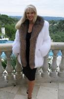 Too Foxy White Fox With Crystal Fox Shawl Collar and Tuxdeo Front - 30"
