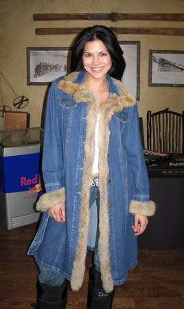 Joyce Giraud wearing Denim Long Coat Trimmed with Fox Model 27 SOLD OUT