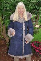 Toscana Princess In Blue With Doe Grey Shearling Sheepskin Coat Wth Shawl Collar/Hood - Size 6