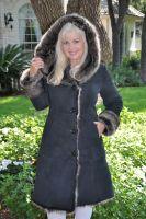 Toscana Princess Black And Grey Multi Sheepskin Coat With Shawl Collar/Hood - Sizes 2 and 6