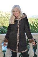 Expresso Whipstitch Hooded Spanish Merino Shearling Sheepskin Coat - Size 4