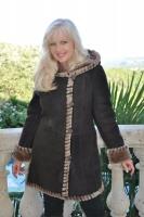 Expresso Whipstitch Hooded Spanish Merino Shearling Sheepskin Coat - Size 4