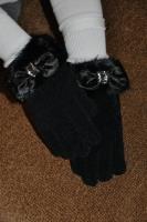 Black Chenille Gloves With Black Mink Cuff And Silver And Smokey Rhinestones With Satin Bow