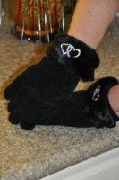 Mink Trimmed Black Chenille Gloves With Rhinestone Hearts
