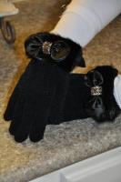 Mink Trimmed Black Chenille Gloves With Bow And Rhinestones