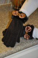 Mink Trimmmed Brown Chenille Gloves With Bow And Rhinestones
