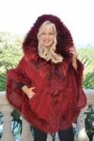 Ruby Red Toscana Sheepskin With Finn Raccoon Trim Poncho/Cape