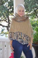 Light Camel Cowl Neck Poncho With Natural Rabbit Trim