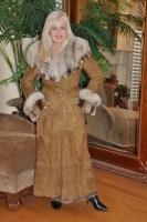 Carla Dark Beige Suede Shearling Sheepskin Coat With Beige Fox and Rex Rabbit Trim
