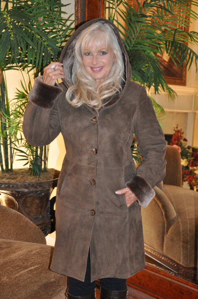 Taupe Simply Charming Hooded Suede Spanish Merino Shearling Sheepskin