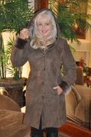 Taupe Simply Charming Hooded Suede Spanish Merino Shearling Sheepskin Coat - Sizes 4, 12, and 14