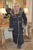 Blue Berry Blue Hooded Toscana Spanish Merino Shearling Sheepskin With Silver Fox Hood and Cuffs