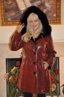 Red Lipstick Split Hood Leather Spanish Merino Shearling Sheepskin Coat With Fox Trim - Size 8