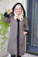 Dawson Brown Hooded Suede Spanish Merino Shearling Sheepskin Coat With Mink Trim - Size 12