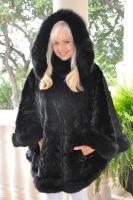 Shanice Black Mink Detachable Hood Section Cape With Fox Trim 36"