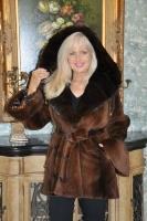 Antonina Cognac Semi-Sheared Mink Jacket Long Hair Trim With Large Hood