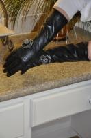 Black Leather Gloves With Zipper,  Rose And Knit Lining