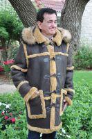 Rugged Men's Fur Trimmed Hooded  Shearling Sheepskin Coat