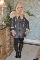Maggie Smoky Brown Hooded Nubuck Spanish Merino Sheepskin Jacket w/ Toscana Collar - Size 8