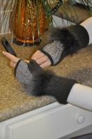 Mink Trimmed Charcoal Cell Phone Gloves With Rhinestones