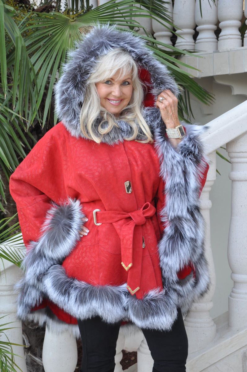 Crimson Flame Hooded Spanish Merino Shearling Sheepskin Cape With