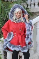 Crimson Flame Hooded Spanish Merino Shearling Sheepskin Cape With Silver Fox Trim