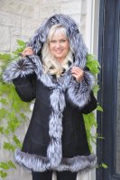 Tell Me About It Hooded Spanish Merino Shearling Sheepskin Coat With Silver Fox Trim - Size 12