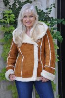 Cognac Cutie Spanish Merino Hooded Shearling Sheepskin Jacket - Size 8