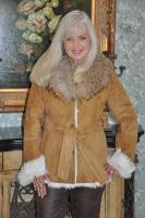 Cozy Cognac Toscana Sheepskin With Natural Raccoon Collar - Size 8