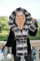 Cover Girl Black Sheared Hooded Beaver Coat With Natural Chinchilla Trim