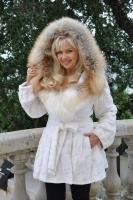 Pretty Girl Hooded Section Mink Coat Trimmed in Golden Isle Fox