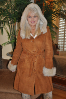 Camila Hooded Whiskey Suede Spanish Merino Shearling Sheepskin Coat - Size 8