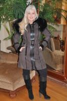 Cosette Chocolate Suede Hooded Spanish Merino Sheepskin Coat w/ Black Fox Trim - Size 8