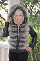 Silver Fox And Leather Hooded Sweetheart Jacket/Vest With Zipper Detach Sleeves