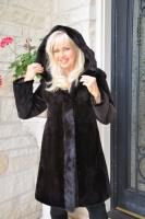 Lovely Addition Hooded Brown Sheared Reversible Mink Coat With Longhair Trim