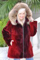 Pretty Scarlet Sheared Beaver With Detachable Hood With Finn Raccoon Trim