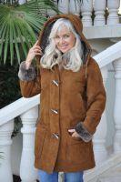 Cinnamon Toggle Shopper Detachable Hood Spanish Merino Shearling Sheepskin Coat