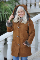 Cinnamon Toggle Shopper Detachable Hood Spanish Merino Shearling Sheepskin Coat