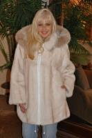 Golden Cream Longhair Hooded Mink Coat With Blush Fox Trim - Size 18