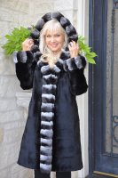 Hooded Black Sheared Mink Coat With Natural Chinchilla Trim Reversible to Taffetta