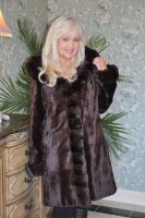 Hooded Maple Brown Sheared Mink Coat With Chinchilla Trim Reversible To Taffetta