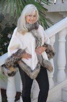 Tiffany Cape In Cream Colored Sheared Beaver With Finn Raccoon Trim