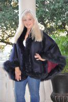Reversible Navy And Wine Cashmere Cape With Fox