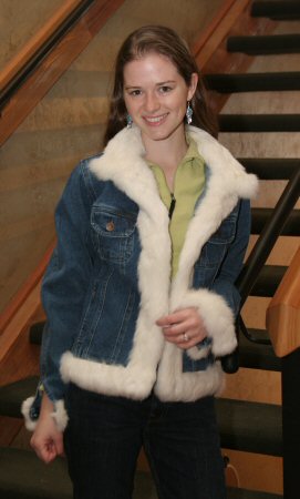 Sarah Drew wearing Denim Jacket with Rabbit Fur Trim Model 529 SOLD OUT