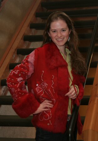 Sarah Drew wearing Red Rabbit Jacket with Embroidery and Hand-Paintings Model 572 SOLD OUT