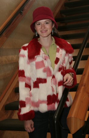 Sarah Drew wearing Reversible Red, Pink and White Rabbit Jacket Model 84 SOLD OUT