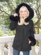 Style Setter Black Suede Hooded Spanish Merino Shearling Sheepskin Coat With Fox Trim